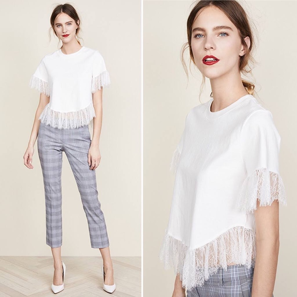 Cinq a sept White Lace Trim Boxy Tee - Small